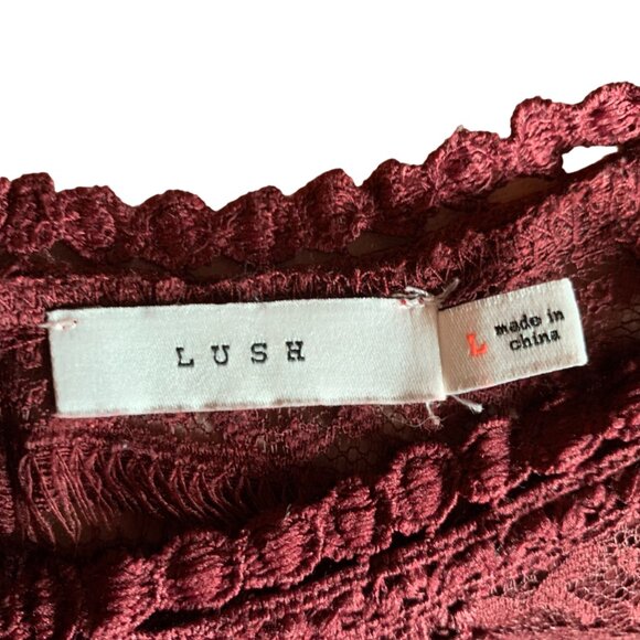 LUSH - burgundy Sheer Lace embroidery top - Short sleeves - high neck - large - Picture 11 of 11